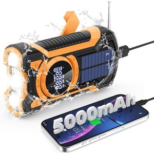 Draagbare noodradio - 5000mAh Zonnesolar handkraan, IP65 stof/waterdicht, Bluetooth 5.3, AM/FM/NOAA Weeralarmradio, LED zaklamp, telefoonlader, SOS-alarm, koptelefoonjack (Oranje)