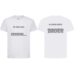 Shirt Aankondiging zwangerschap ""Ik heb een GEHEIM..."" op voorkant ""Ik word grote BROER"" op achterkant | korte mouw | Wit/grijs | maat 122/128 zwangerschap aankondiging bekendmaking Baby big bro brother Grote Broer
