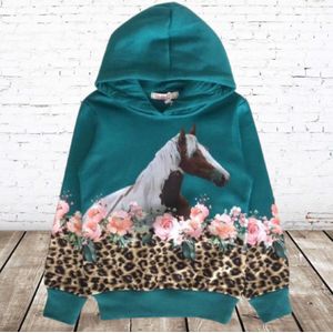 Blauwe hoodie met paarden f47 -s&C-98/104-Hoodie meisjes