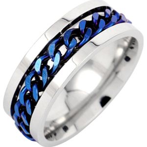 Anxiety Ring - (Kettinkje) - Stress Ring - Fidget Ring - Anxiety Ring For Finger - Draaibare Ring - Spinning Ring - Blauwkleurig RVS - (23.25mm / maat 73)