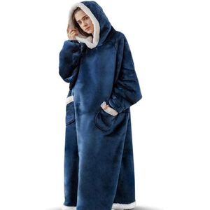 Extra lange capuchondeken - Flanellen fleece oversized deken hoodie - met capuchon en zakken - Oversized Cozy Sherpa gevoerde hoodiedeken - Zachte en comfortabele sweatshirtdeken - voor volwassen mannen en vrouwen - Donkerblauw-150cm - 150cm