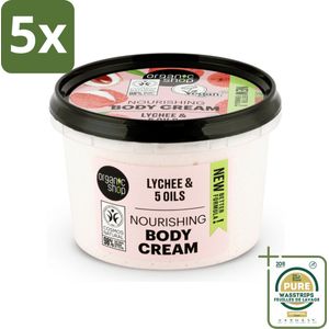 5 x Organic Shop - Nourishing Body Cream Lychee - Hydraterend en Voedend - 250 ml - Grootverpakking - Lychee Body Cream - Hydraterende Bodycrème - Voedende Bodycrème - Natuurlijke Bodycrème - Huidverzorging