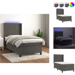vidaXL Bed - Boxspring Donkergrijs 90x190cm - Fluwelen Materiaal - Verstelbaar Hoofdbord - LED-verlichting - Bed