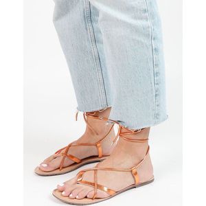 Sacha - Dames - Oranje metallic leren sandalen - Maat 39