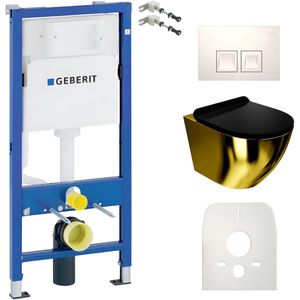 Inbouwreservoir Complete Toiletset Geberit Duofix Basic - Inbouw WC Hangtoilet Wandcloset SOFI SLIM Goud/Zwart - Bedieningsplaat DELTA Wit - Voorwandelement - Installatiesysteem