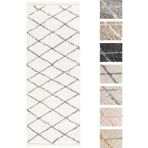 Vloerkleed Shaggy, Tapijt, Creme Antraciet, Hoogpolig, 80cm x 300cm, Superzacht, Franjes, Berber stijl