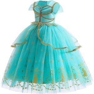 Prinsessendroom - Deluxe Jasmine jurk met haarketting - 128/134 (7/8 jaar) - Prinsessenjurk - Verkleed kleding - Feestjurk