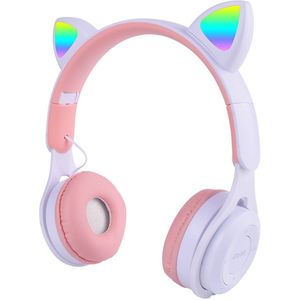 KINSI LED Kattenoren Koptelefoon - Draadloze Bluetooth Headset met Verlichte Oren - Voor Meisjes & Gaming,Wit-roze