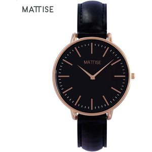 MATTISE Dames Horloge Rosé Goud met Zwart Horlogebandje van Echt Leer — Valerie black 38 mm Quartz Horloge Dames — Horloge voor Vrouwen — Horloges Horologe Uurwerk Vrouwen Uurwerken