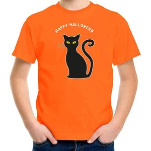 Bellatio Decorations halloween verkleed t-shirt kinderen - zwarte kat - oranje - themafeest outfit 140/152