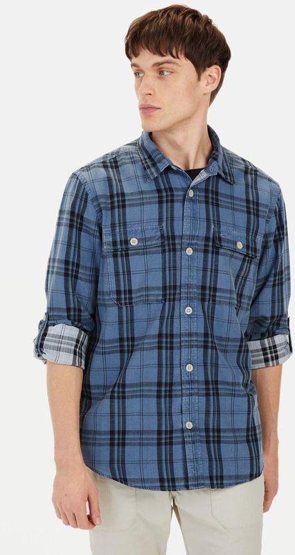 camel active - Geruit Overhemd - Blauw - Puur Katoen