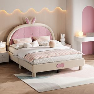 Sweiko Gestoffeerd bed Tweepersoonsbed 140 x 200 cm, bedframe met rond hoofdeinde en lattenbod, volwassen jeugdbed in huidvriendelijke fluwelen stof, gastenbed roze en beige