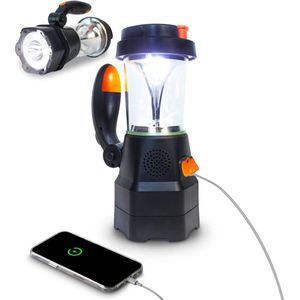 LED batterijen arbeidende lantaarn - oplaadbaar via USB & handslinger - draagbare camping lamp - met noodradio en powerbank - SOS-alarm - crank dynamo lamp voor camping en stroomuitval blackout
