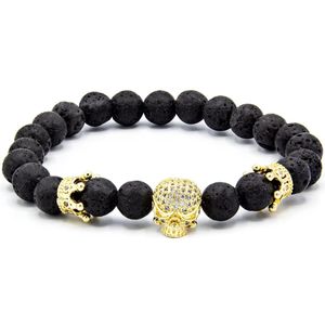 Victorious Natuurstenen Kralen Armband Heren – Gouden Schedel – Zwart – 18cm