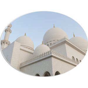 PVC Schuimplaat Ovaal - Bovenkant van Witte Sjeik Zayed Moskee, Abu Dhabi, Verenigde Arabische Emiraten - 56x42 cm Foto op Ovaal (Met Ophangsysteem)