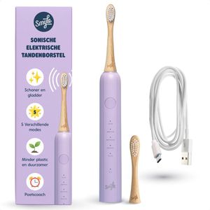 Smyle Sonische Elektrische Tandenborstel met USB-C Oplader, 2 Opzetborstels, Lange Batterijduur en Druksensor - Duurzaam en Effectief Poetsen - Paars