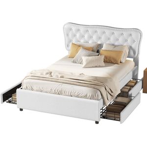 Merax Gestoffeerd Tweepersoonsbed 140x200 cm met Vier Lades - Luxe Bed met Knopen Decoratie - Linnen Wit