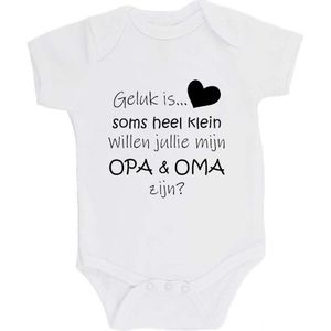 100% katoenen Romper Zwangerschap Aankondiging 2.0 ""Geluk is soms heel klein willen jullie mijn OPA & OMA zijn?"" Unisex Katoen Wit/zwart Maat 56/62