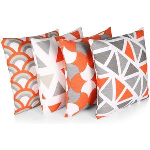 JGS ® Set van 4 Luxe Vierkante Kussenslopen van Katoen met Stijlvol Design in Oranje/Grijs Mix voor Woonkamer en Slaapkamer