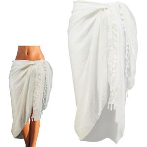 Premium - Lange strandkaft met witte kwastjes van mesh voor dames - Zomermode - Rechthoekig badpak & bikini cover-up