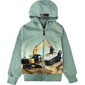 Kinder vest met graafmachine vrachtauto Kleur turquoise maat 92 sweatvest hoodie Heel mooi!