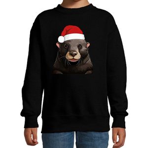 Bellatio Decorations Kersttrui / sweater familie Mol - kinderen - dieren - zwart - kerstmuts - Kerstmis 98/104