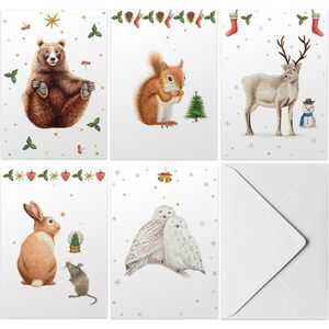 Set van 20 stuks vrolijke kerstkaarten met enveloppen - Blanco zonder tekst - 5 winterdieren handgeschilderd - dubbele kaart met vouw op mooi ECO papier - A6 formaat