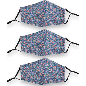 3-Pack Blauwe Gebloemde Mondkapjes | 100% Katoen Wasbaar | Fashion Mondmaskers met Elastiek | Niet-Medisch, Ademend & Comfortabel | 24cm x 15,5cm | Voor Dagelijkse Bescherming