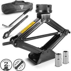 STAHLWERK SWH-2 ST krik | schaarkrik | 2 ton hefvermogen | telescopische wielmoersleutel met inbus 17, 19 mm | transporttas | compacte krikset voor bandenwissel & werkplaat