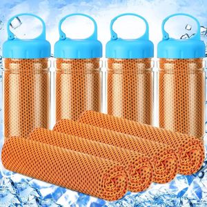 4-pack sneldrogende opvouwbare sporthanddoeken in een fles (100 x 30 cm) - Fles met deksel - Reishanddoek, perfect voor fitness, training en buitenactiviteiten - Oranje