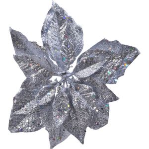 1x stuks decoratie bloemen kerststerren zilver glitter op clip 23 cm - Decoratiebloemen/kerstboomversiering