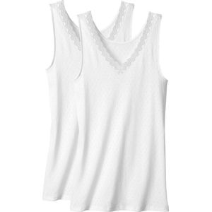 Damart - Set van 2 Essential tanktops in een jacquard gebreide stof en kant van zuiver gekamd katoen - Dames - Wit - XS
