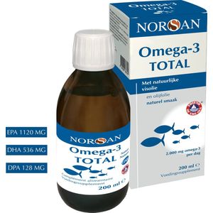 NORSAN | OMEGA-3 TOTAL VISOLIE NATURAL | 2000 MG | EPA 1120 MG | DHA 536 MG | DPA 128 MG | VITAMINE D EN E | PUUR EN ZUIVER | 200 ML
