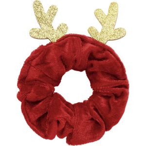 Yehwang - Scrunchie - Rendier - Haaraccessoire - Kerst- Kerstmis - Feestdagen - Meisje - Kerstdiner - Haarstijl -Rood en Goud - Glitter - Fluffy - Velvet - Pluche - Schattig - Paardenstaart - Haarknot - Cadeau