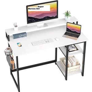 Desk with Monitor Stand, Height Adjustable, Computer Desk with Storage Bag, PC Table with Headphone Holder, Small Office Table for Home Office (100 x 50 x 74 cm, White)