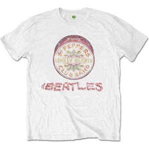 The Beatles - Flowers Logo & Drum Heren T-shirt - L - Wit