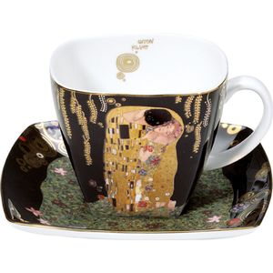 Goebel - Gustav Klimt | Kop en schotel De Kus zwart | Porselein - 250ml - met echt goud