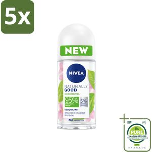 5 x NIVEA - Deodorant Roller - Natuurlijk Goed Groene Thee - Fris Gevoel - 24 Uur Lang Werkend - 50 ml - Grootverpakking - NIVEA Deodorant - Natuurlijke Deodorant - Deodorant Groene Thee - Aluminiumvrije Deodorant - Vegan Deodorant