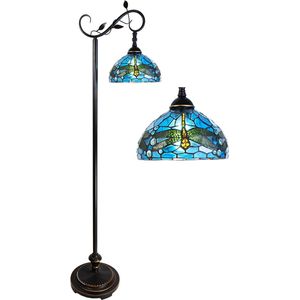 HAES DECO - Tiffany Vloerlamp 152 cm Blauw Bruin Kunststof Glas Rond Staande Lamp Glas in Lood Tiffany Lamp