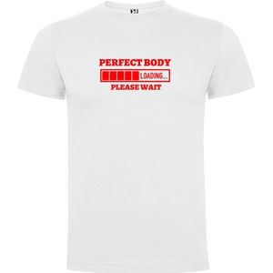 Wit T-Shirt met “Perfect body Loading... Please Wait - Sportschool - oplaad balkje “ Afbeelding Rood Maat M