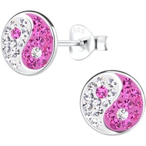 Joy|S - Zilveren yin yang oorbellen - 8 mm rond - roze wit kristal - oorknoppen
