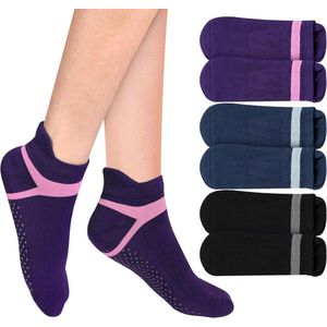 Antislip yogasokken voor dames - Pilatesokken met handgrepen - 3 paar - Yoga Pilates Ballet Fitness - Maat 5-8 - Zwart/Grijs, Groen/Blauw, Paars/Roze