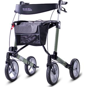 Excel Esprit S4 Lichtgewicht Rollator - Opvouwbaar - Luxe zelfsluitende tas - Rugband - Verstelbare handvatten - Voor binnen en buiten - Sage Green Metallic - Maat S