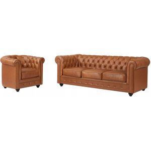 Vente-unique Driezitsbank en fauteuil van camelkleurig vaarsleer CHESTERFIELD L 205 cm x H 72 cm x D 88 cm