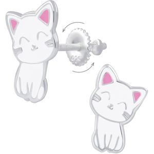 Joy|S - Zilveren kat poes oorbellen - 8 x 12 mm - wit - screwback sluiting