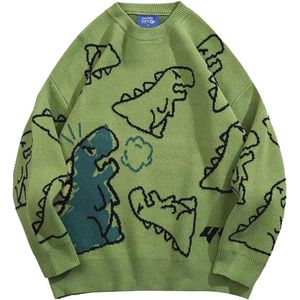 Oversized Dinosaurus Sweater voor Heren - Gebreide Pullover met Lange Mouwen in Groen - Y2K Stijl