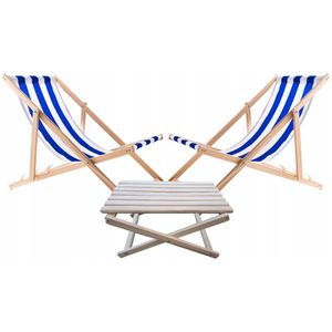 Set van 2 strandstoelen met houten tafel - blauw met wit strepen