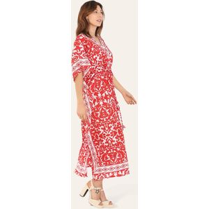 Lang dames kaftan jurk Adriana-fantasiemotief-rood wit-one size-Maat L-XXL