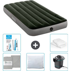 Intex Luchtbed - 1-Persoons - 99 x 191 x 25 cm - Groen - Inclusief Hoeslaken - Kussen - Pomp - Reparatieset en Kussenbeschermer