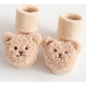 2 paar herfst- en wintersokken voor baby's en peuters - Antislip wintersokken voor baby's - Dikke zachte vloersokken - Warme katoenen sokken voor peuters - Leuke cartoonpatroon kindersokken - Mid-tube peutersokken - Maat S (0-1 jaar) - Beige